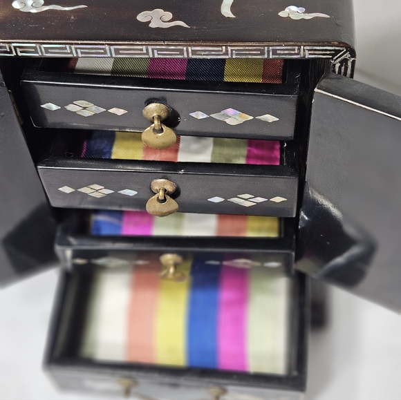 Vintage Asian Oriental Korean Black Lacquer MOP Mother of Peal Jewelry Box - Picture 5 of 13